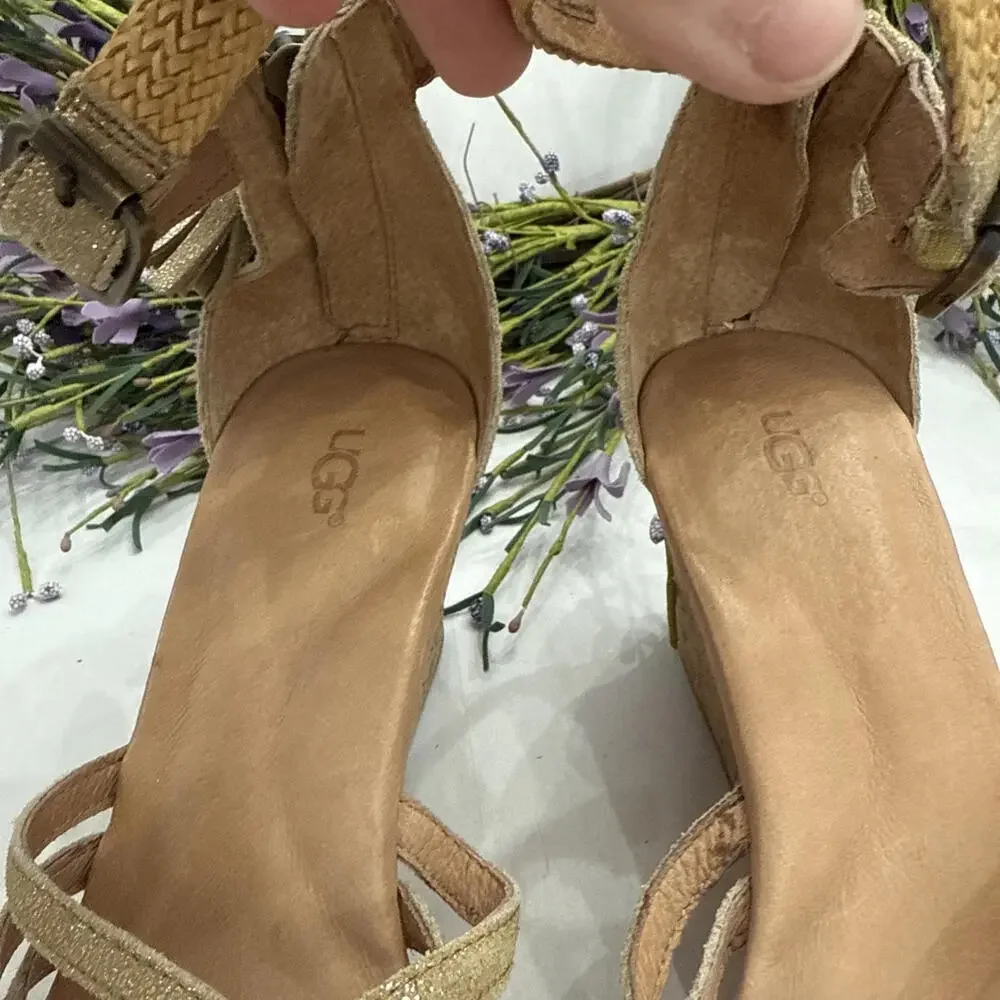 UGG Womens Sz 8.5 Lillie Gold Suede Metallic Wedge Sandal Boho Cottageco… - Picture 5 of 12